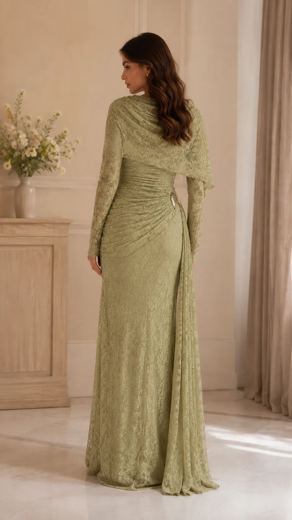 Beaded Lace Draped Cape Mermaid Gown