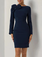 Purplish blue Bow Ruched Classic Boat Neck Long Sleeve Sheath Midi Dress