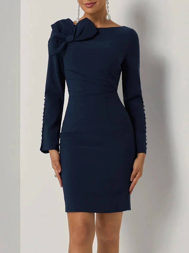 Purplish blue Bow Ruched Classic Boat Neck Long Sleeve Sheath Midi Dress