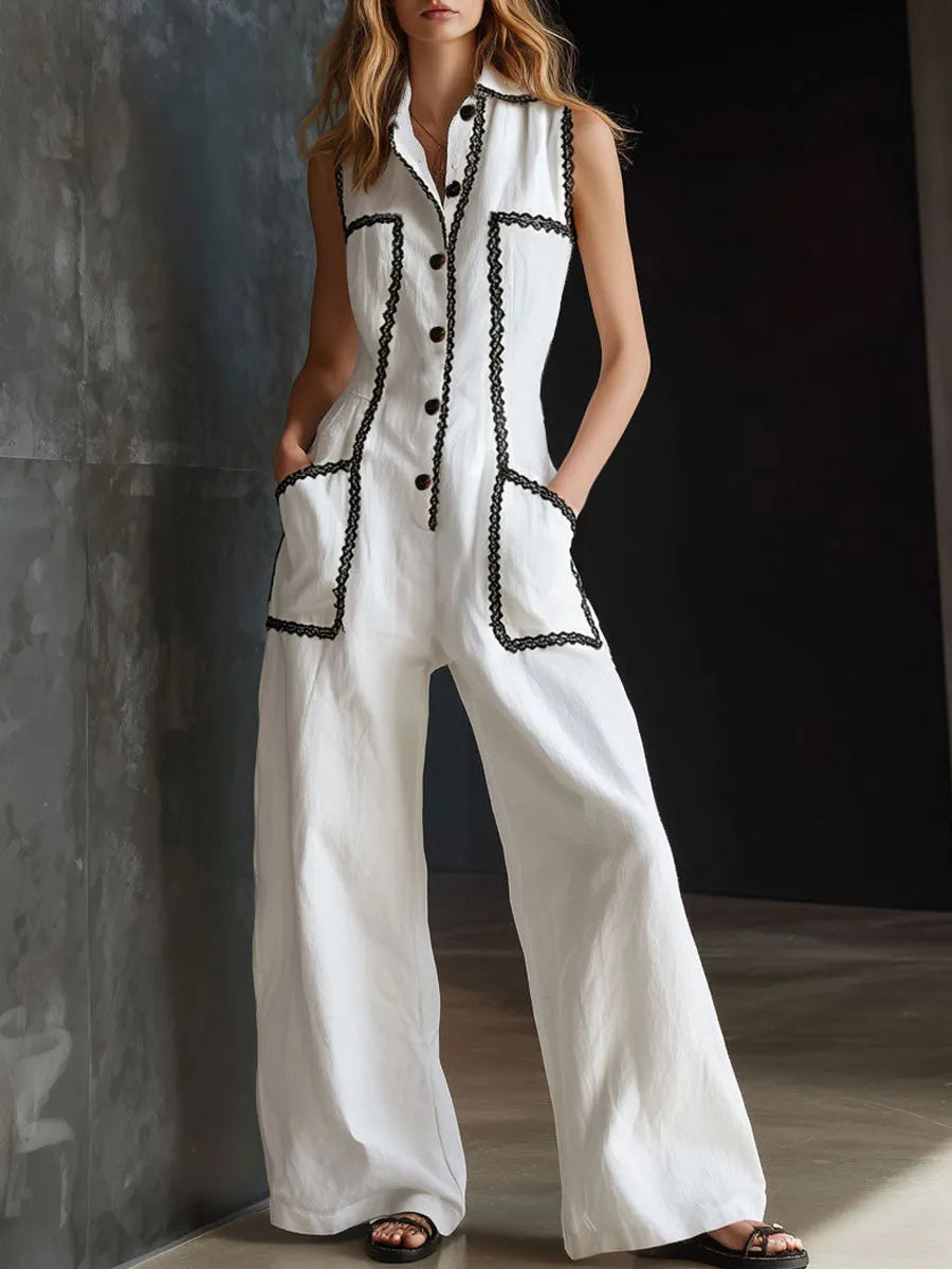 Casual Retro Lace-trimmed White Cotton And Linen Sleeveless Wide-leg Jumpsuit