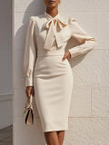 Off White Bow Classic Crew Neck Long Sleeve Sheath Midi Dress