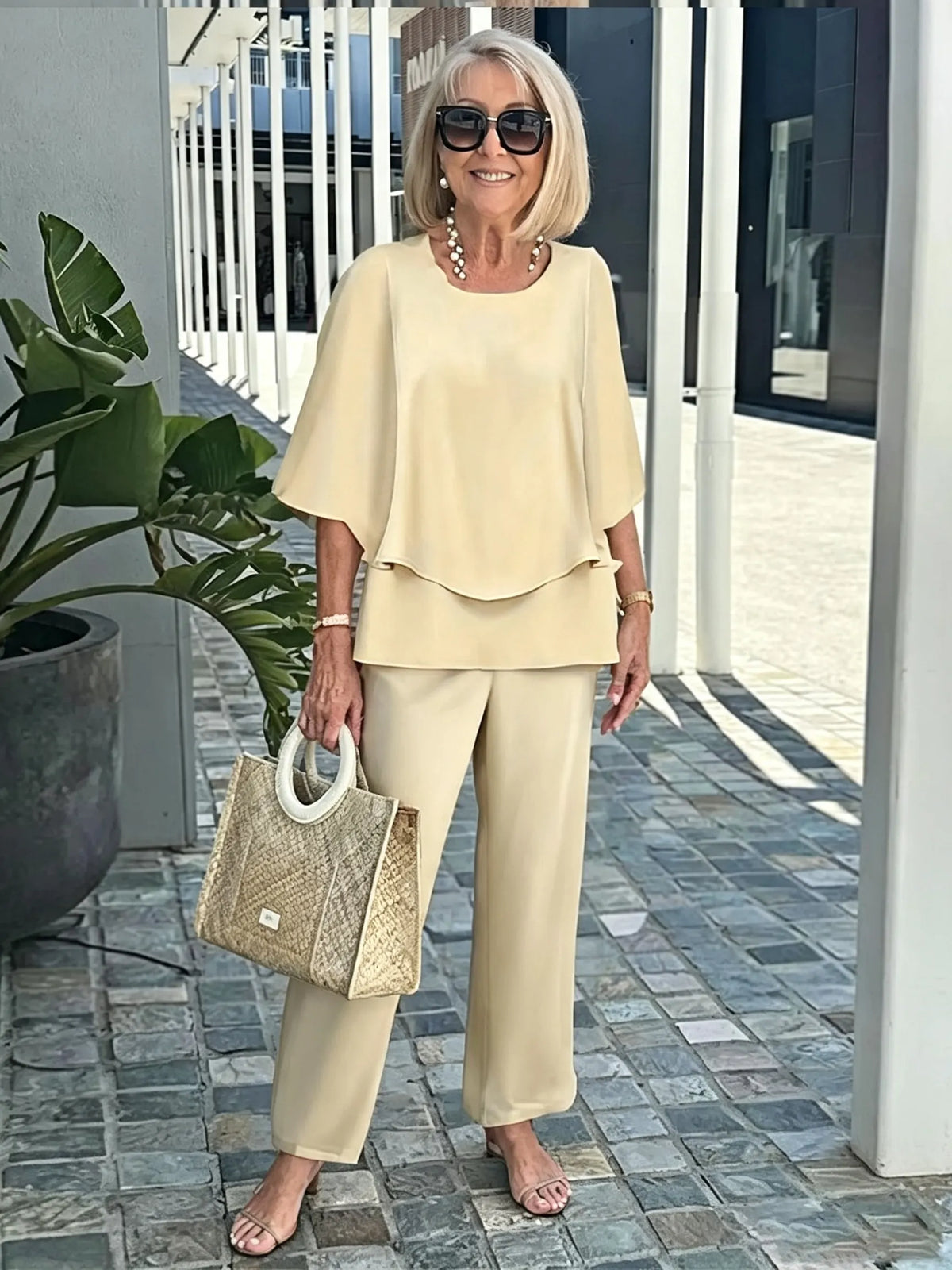 Women's 2 Piece Outfits Set, Crew Neck Flutter Sleeve Layered Blouse & Leaf Print Straight Leg Pants, Casual Loose Matching Two Piece Set for Summer Daily Wear