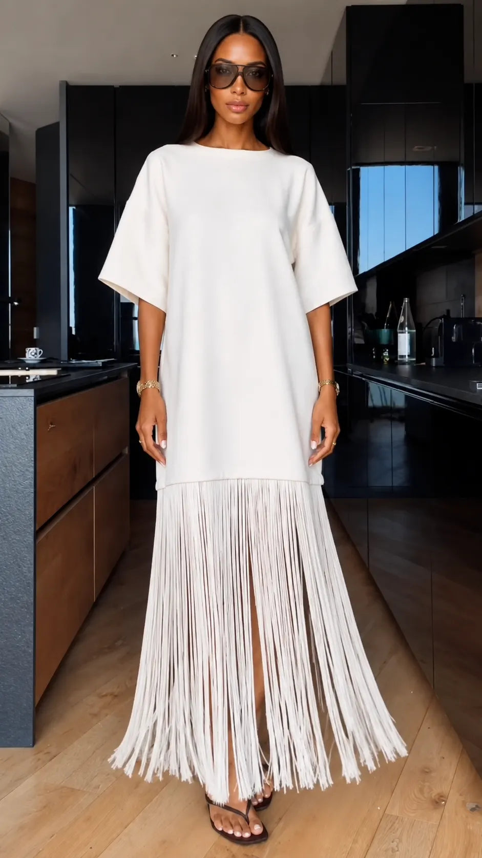 White Fringe Oversized T‑shirt Maxi Dress