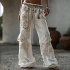 Women's Vintage White Rose-print White Long Pants