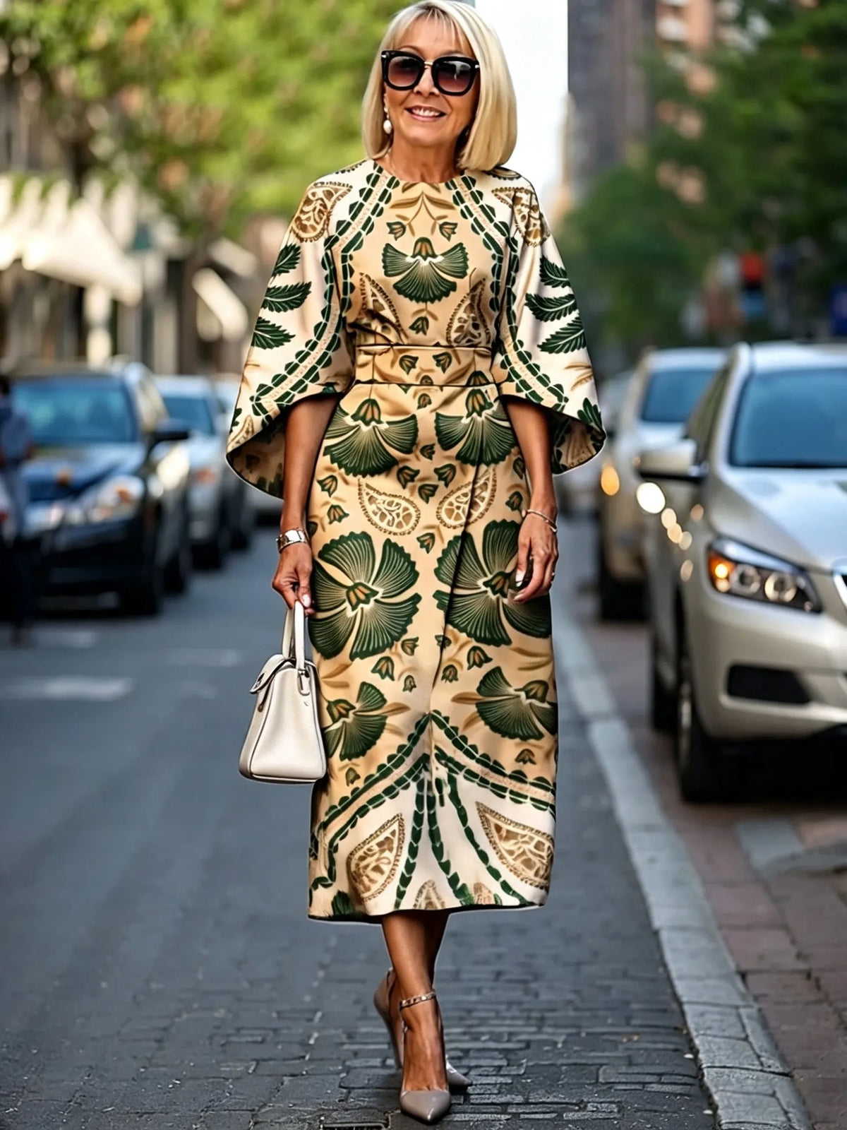 Formal Dress Hip Wrap Skirt Waist Party Skirt Round Neck Sleeve Design Dress
