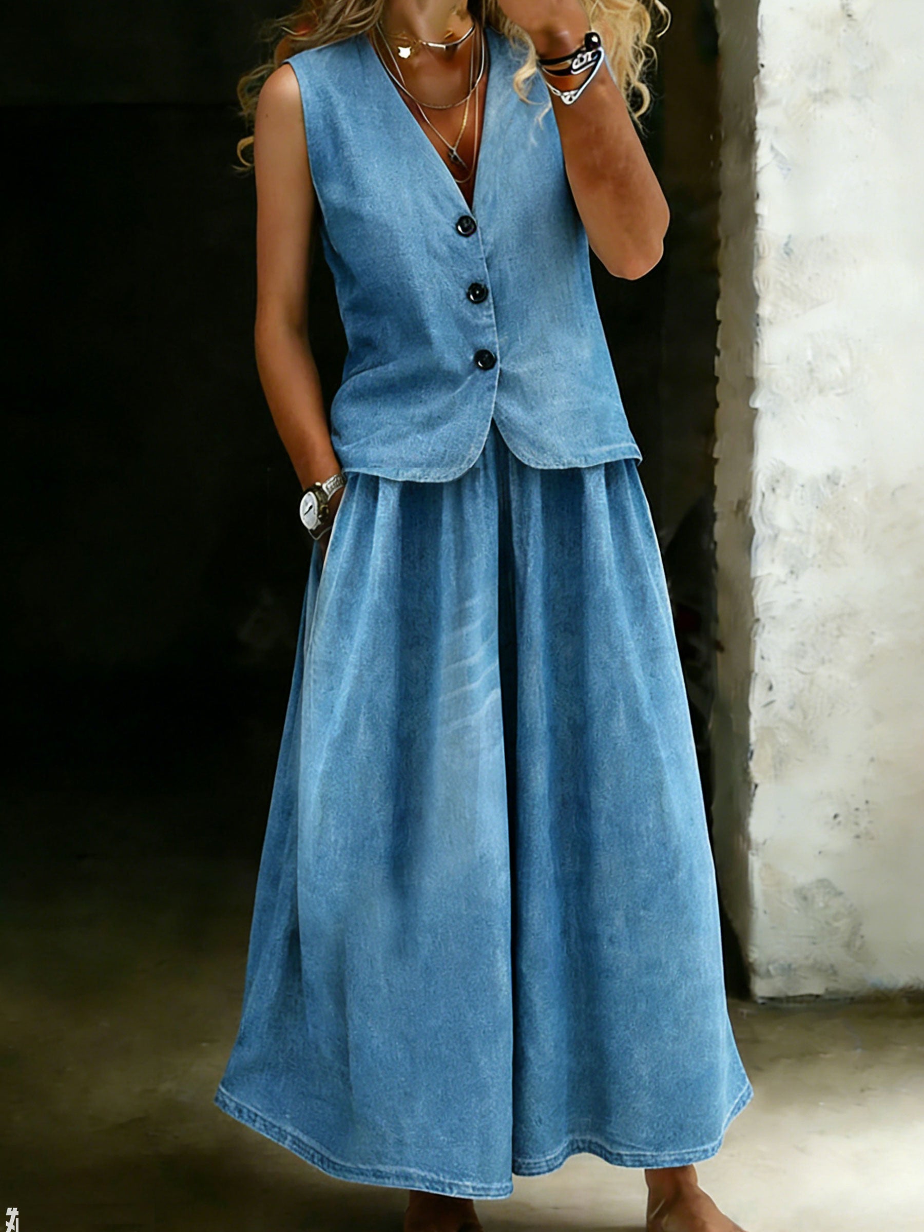 Women’s Casual Denim V-neck Top And Wide-leg Pants Set.