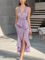 Lavender Satin Sleeveless Dress with Waist Bow Accent