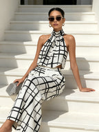 Abstract Grid Print Halter Two-Piece Set | Modern Wide-Leg Co-Ord For Women