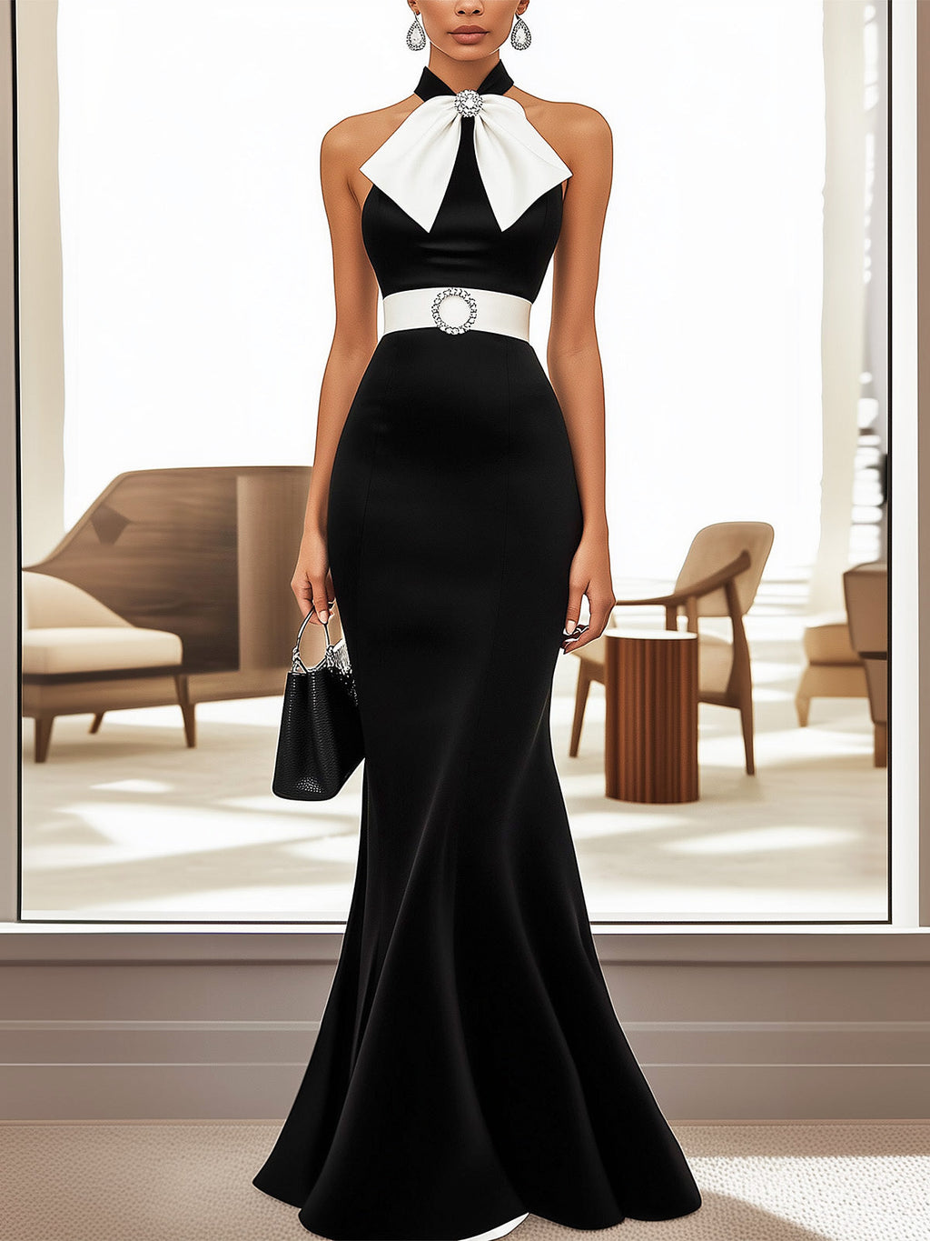 Chic Black Satin Dress with White Bow and Waistband