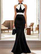 Chic Black Satin Dress with White Bow and Waistband