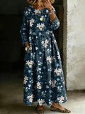 Women's Retro Floral Splicing Long-sleeved Loose-fitting Casual Denim Dress