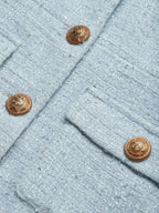 Light Blue Lapel Collar Pocket A-Line Midi Tweed Blazer Dress