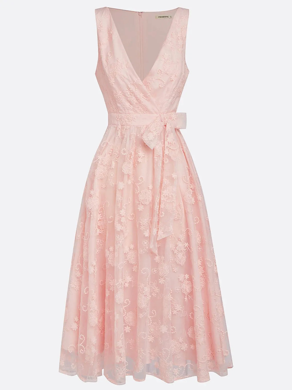 Light Pink Bow Embroidery Classic V Neck Sleeveless A-Line Midi Dress With Pockets
