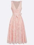 Light Pink Bow Embroidery Classic V Neck Sleeveless A-Line Midi Dress With Pockets