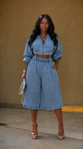 Denim Hooded Crop Top & Wide Leg Bermuda Shorts Two Piece Set