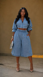 Denim Hooded Crop Top & Wide Leg Bermuda Shorts Two Piece Set