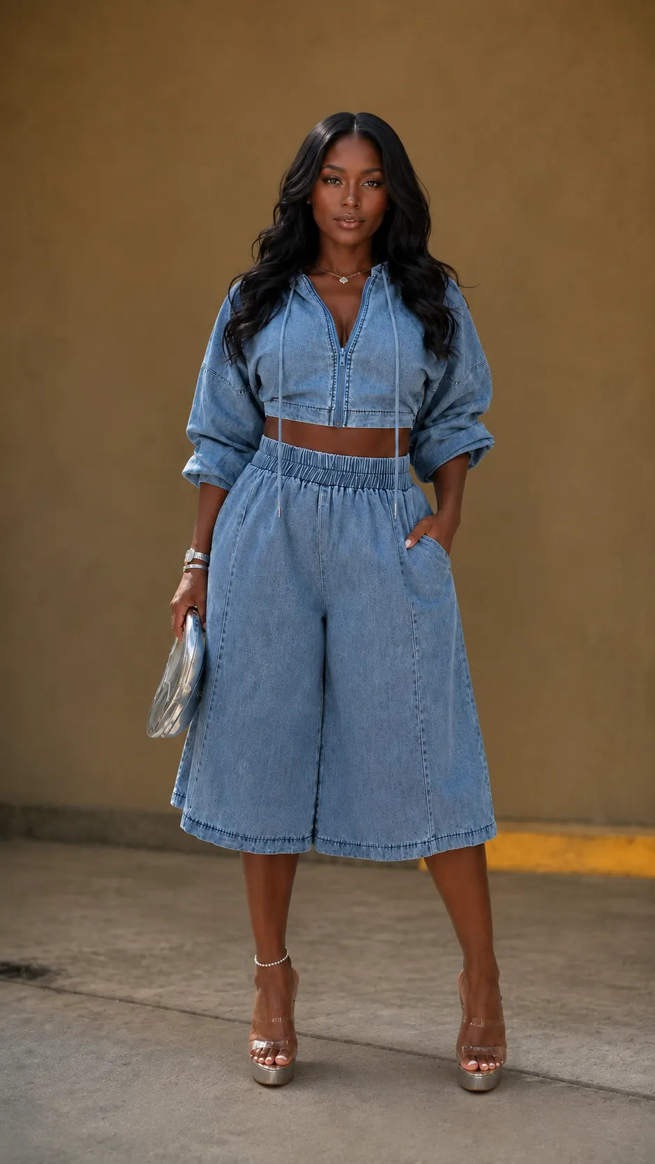 Denim Hooded Crop Top & Wide Leg Bermuda Shorts Two Piece Set