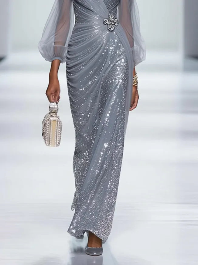 Silver Gray Buckle Sequin Sweetheart Neckline Long Sleeve Sheath Maxi Dress