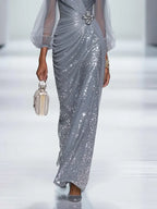 Silver Gray Buckle Sequin Sweetheart Neckline Long Sleeve Sheath Maxi Dress
