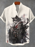 Japan Cat Kimono Samurai Ink Art Linen Blend Cozy Shirt
