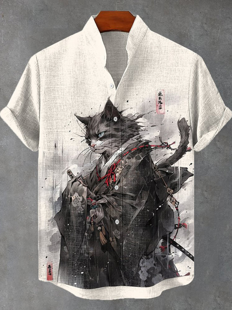 Japan Cat Kimono Samurai Ink Art Linen Blend Cozy Shirt