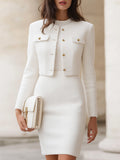Elegant Tweed Texture Jacket Pencil Skirt Suit Set