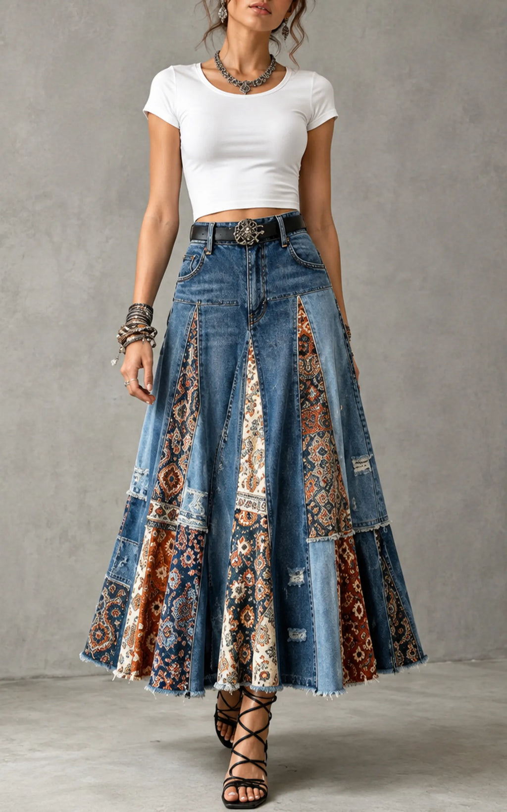 Vintage Ethnic Print Patchwork Denim Long Skirt