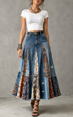 Vintage Ethnic Print Patchwork Denim Long Skirt