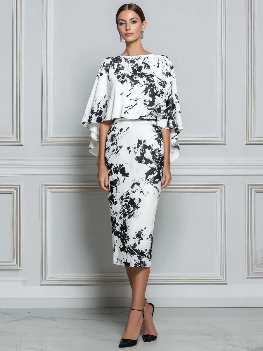 Abstract Print Sheath Dress With Detachable Capelet