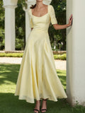 Maxi Linen Dress , Short Sleeves, Square Neck, Plain, Vacation, French Vintage, Light Yellow