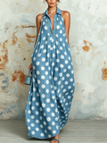 Lightweight Denim Polka Dot Halter Maxi Dress