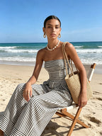 Black & White Striped Strapless Wide-Leg Jumpsuit
