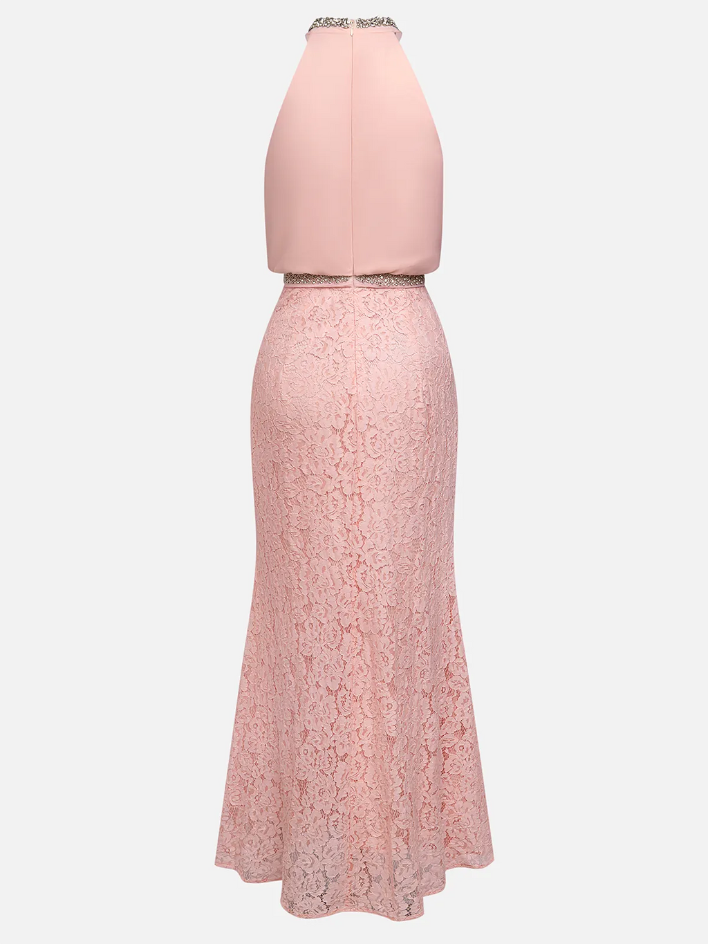 Pink Rhinestone Ruched Lace Halter Crew Neck Sleeveless Mermaid Floor-length Gown Dress