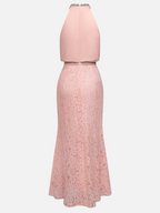 Pink Rhinestone Ruched Lace Halter Crew Neck Sleeveless Mermaid Floor-length Gown Dress