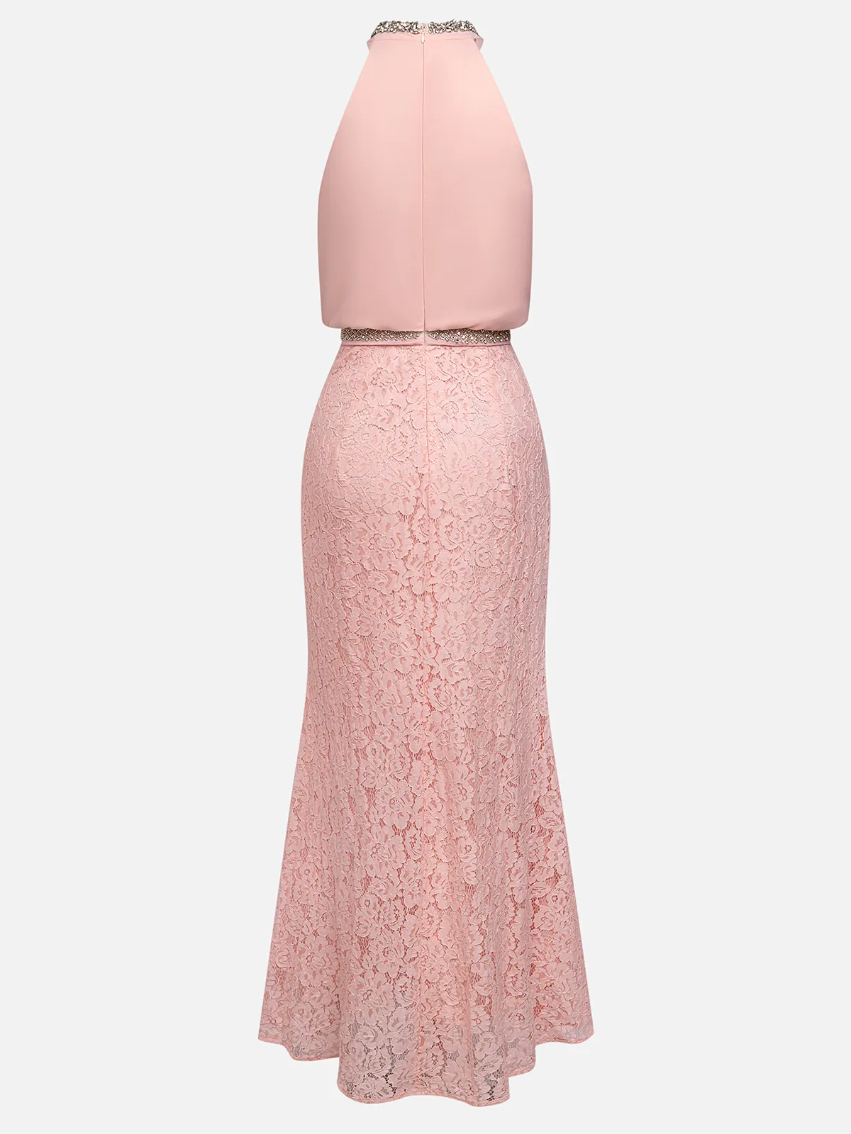 Pink Rhinestone Ruched Lace Halter Crew Neck Sleeveless Mermaid Floor-length Gown Dress