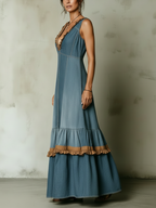 Light Blue Tencel Denim Ruffle Trim Tiered Maxi Dress