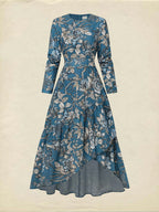 Maxi Linen Dress, Long Sleeves, Round Neck, Floral, Ruffles, Vintage, Deep Blue