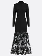 Black Mesh Floral Knit Mock Neck Long Sleeve A-Line Maxi Dress