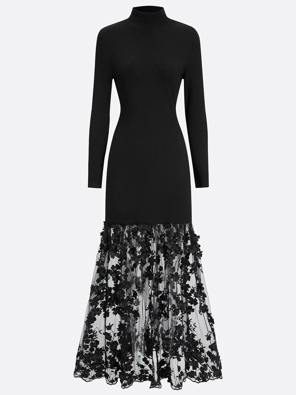 Black Mesh Floral Knit Mock Neck Long Sleeve A-Line Maxi Dress