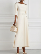 White Classic Off The Shoulder Half Sleeve A-Line Maxi Dress