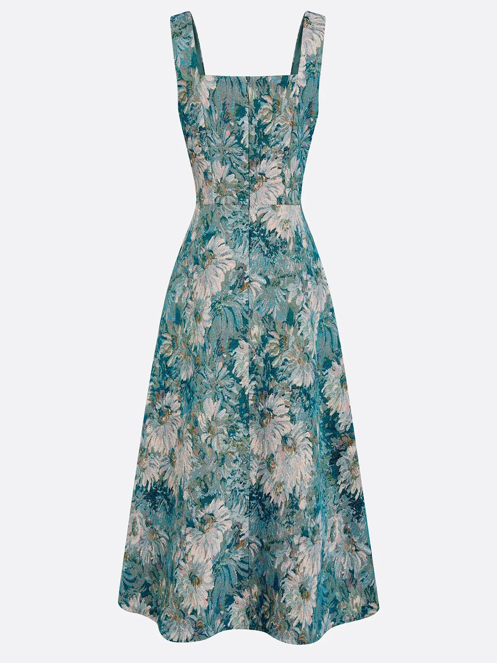 Blue Jacquard Classic Square Neck Sleeveless A-Line Midi Dress