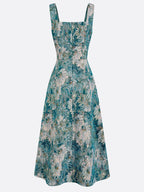 Blue Jacquard Classic Square Neck Sleeveless A-Line Midi Dress