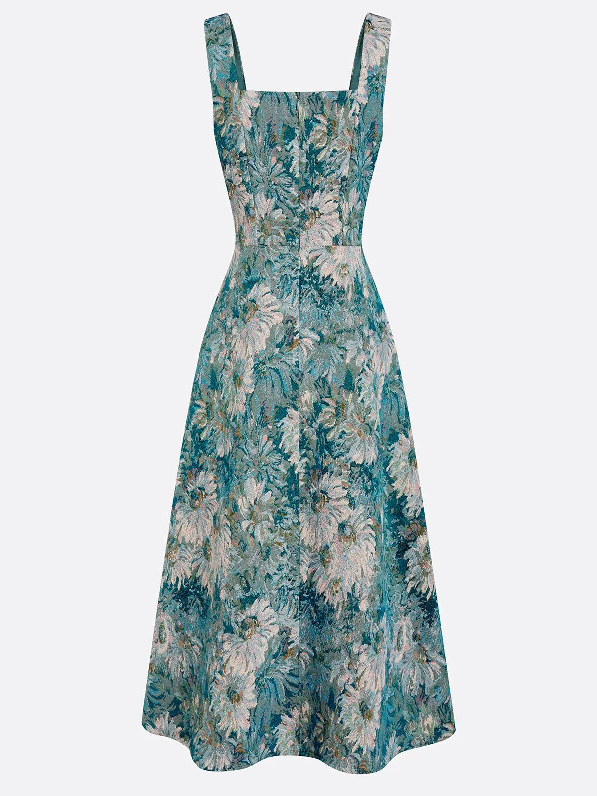 Blue Jacquard Classic Square Neck Sleeveless A-Line Midi Dress