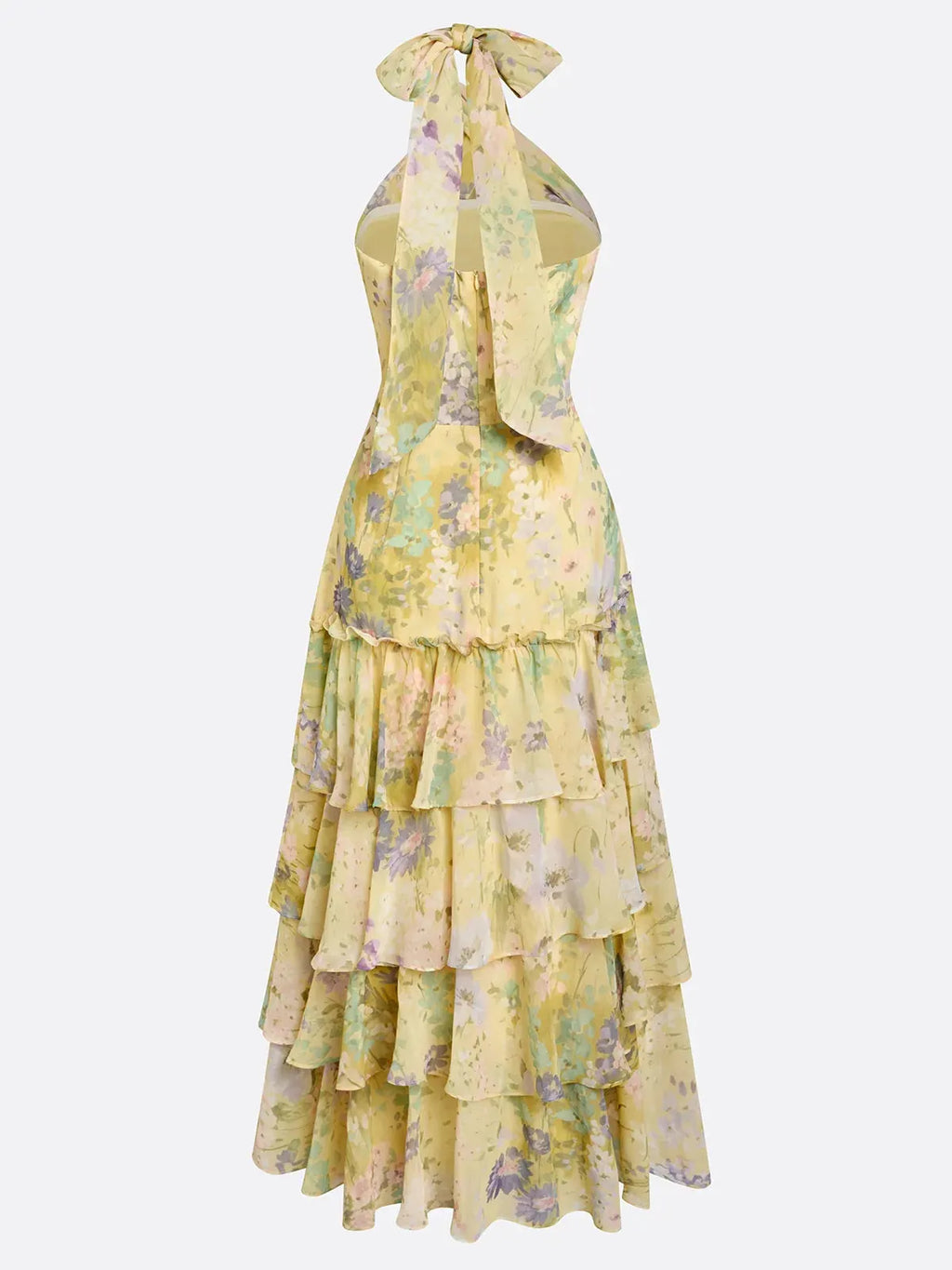 Yellow Ruffled Floral Chiffon Halter Sleeveless A-Line Maxi Dress