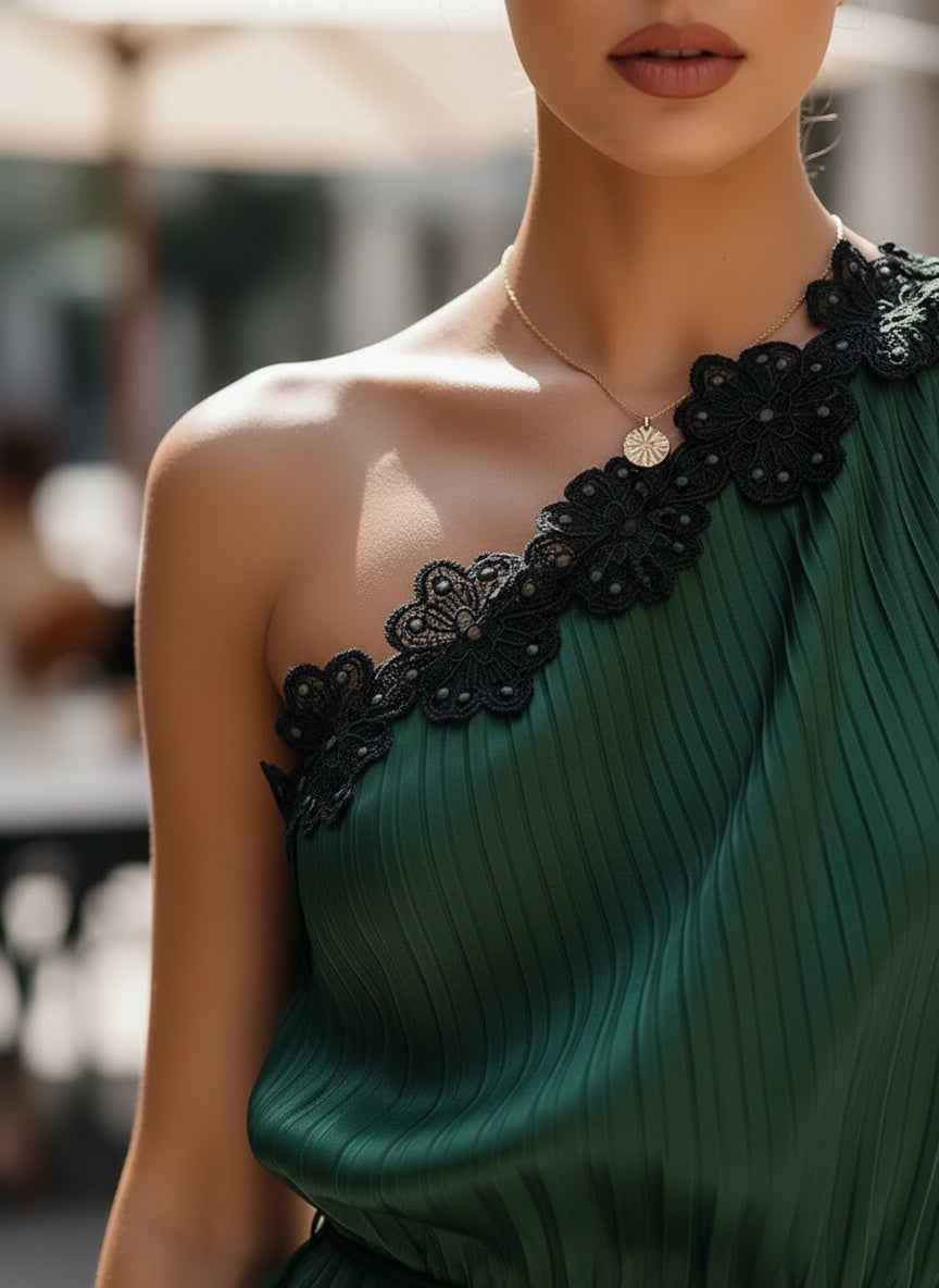 Elegant One-Shoulder Pleated Blouse with Lace Trim - Emerald Green