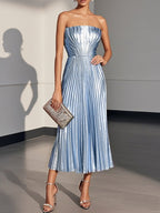 Rose Gold Pink Pleated Satin Strapless Sleeveless A-Line Midi Dress