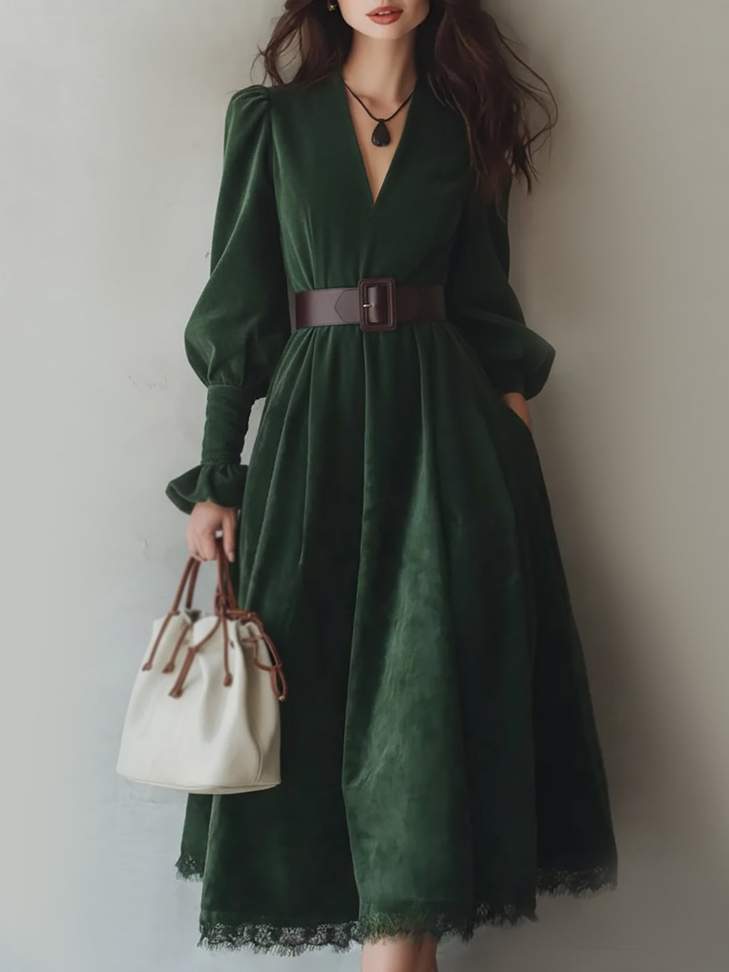 Midi Cotton Dress, Long Sleeves, V Neck, Plain, Lace, Vintage, Green
