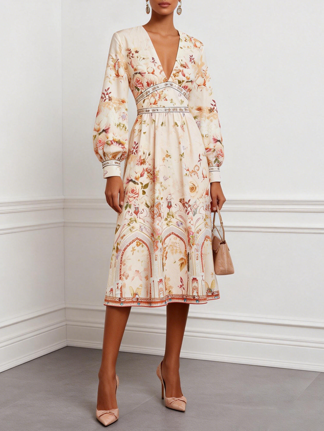 Apricot Floral Ruched Classic V Neck Long Sleeve Puff Sleeve A-Line Midi Dress