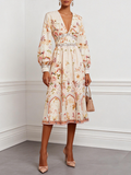 Apricot Floral Ruched Classic V Neck Long Sleeve Puff Sleeve A-Line Midi Dress