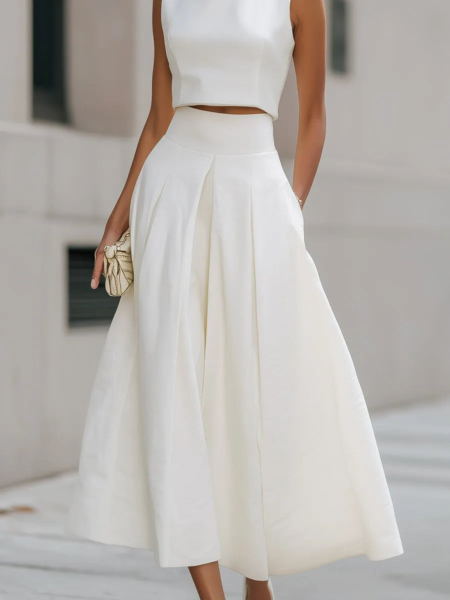 Sleeveless Cropped Top And Pleated Midi Skirt Set